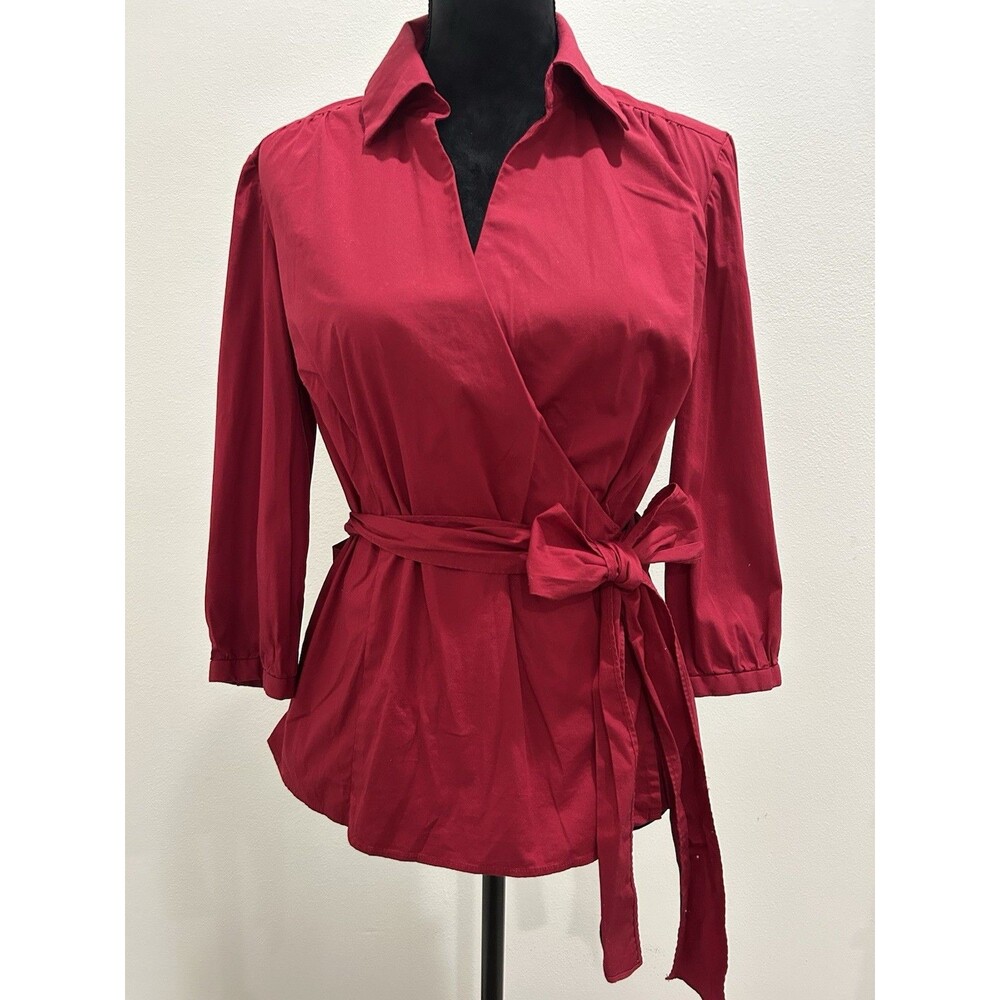 Ann Taylor Womens Sz 10 Red True Wrap V Neck Collar 3/4 Sleeves